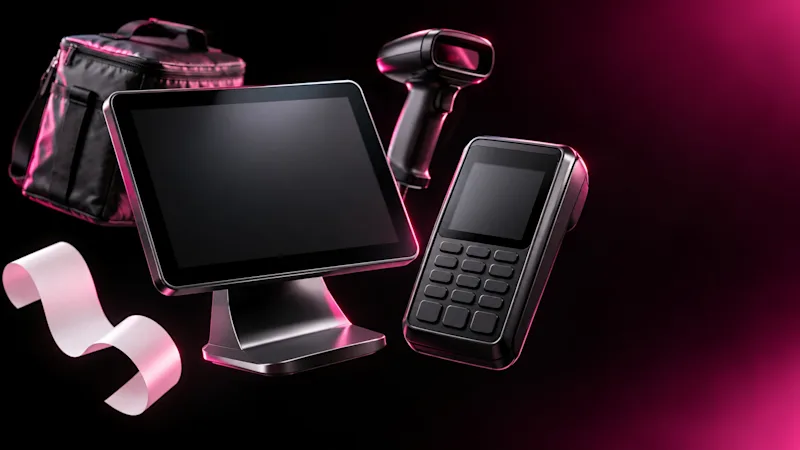 A point-of-sale tablet, card terminal, barcode scanner and delivery bag floating on a black background