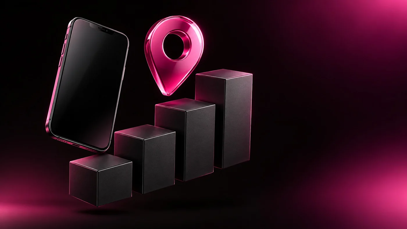 Product boxes stacked like a rising bar chart beside a map pin and smartphone on a black background
