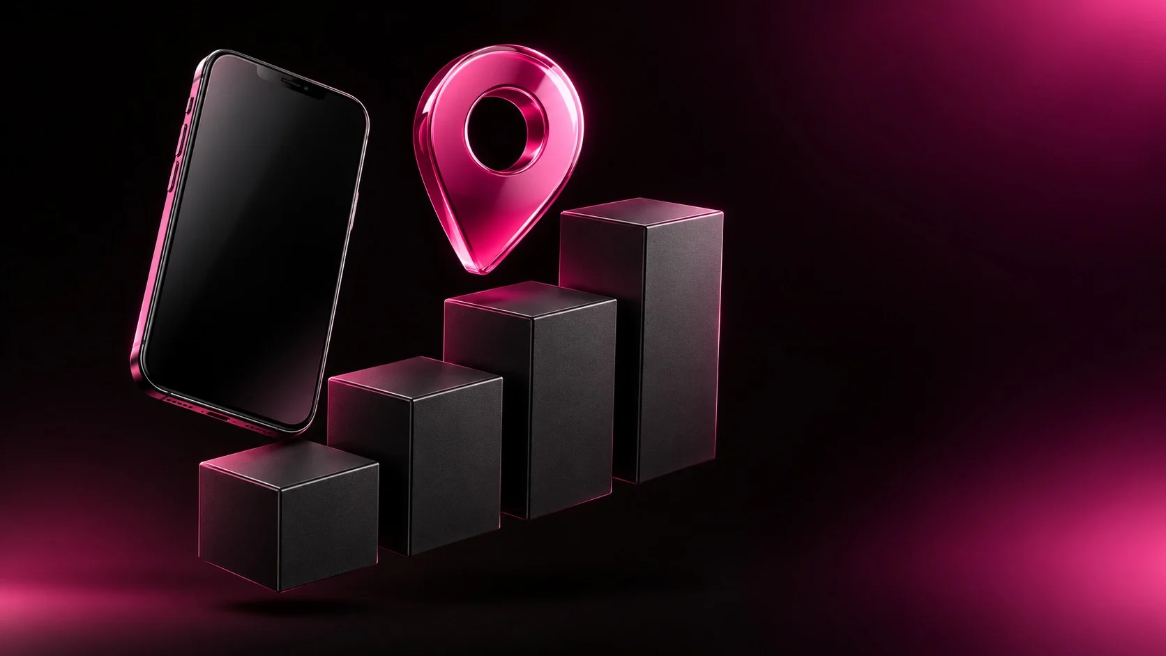 Product boxes stacked like a rising bar chart beside a map pin and smartphone on a black background
