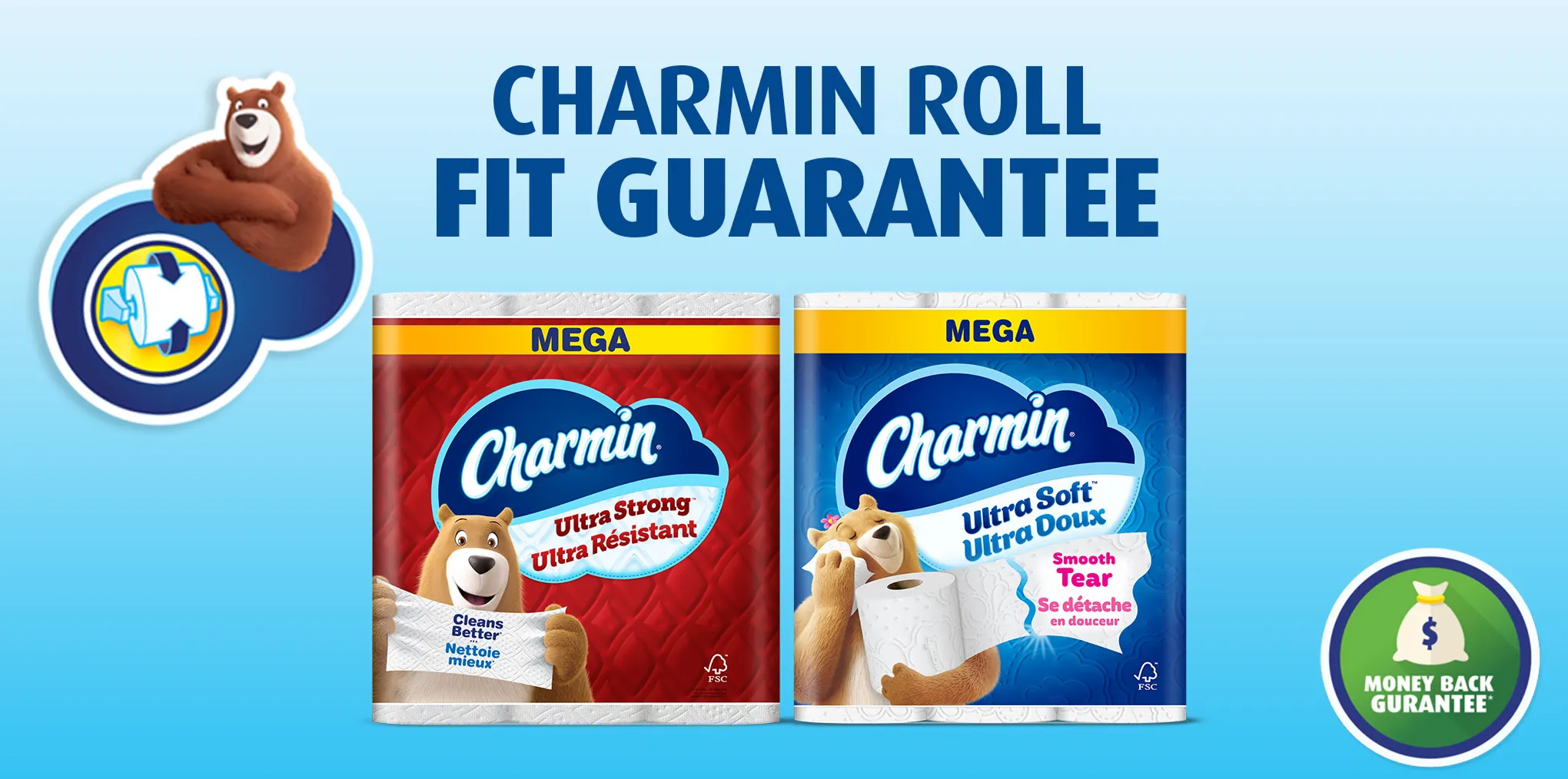 Leonard bear above roll-fit guarantee icon next to Charmin Ultra Strong and Ultra Soft packs