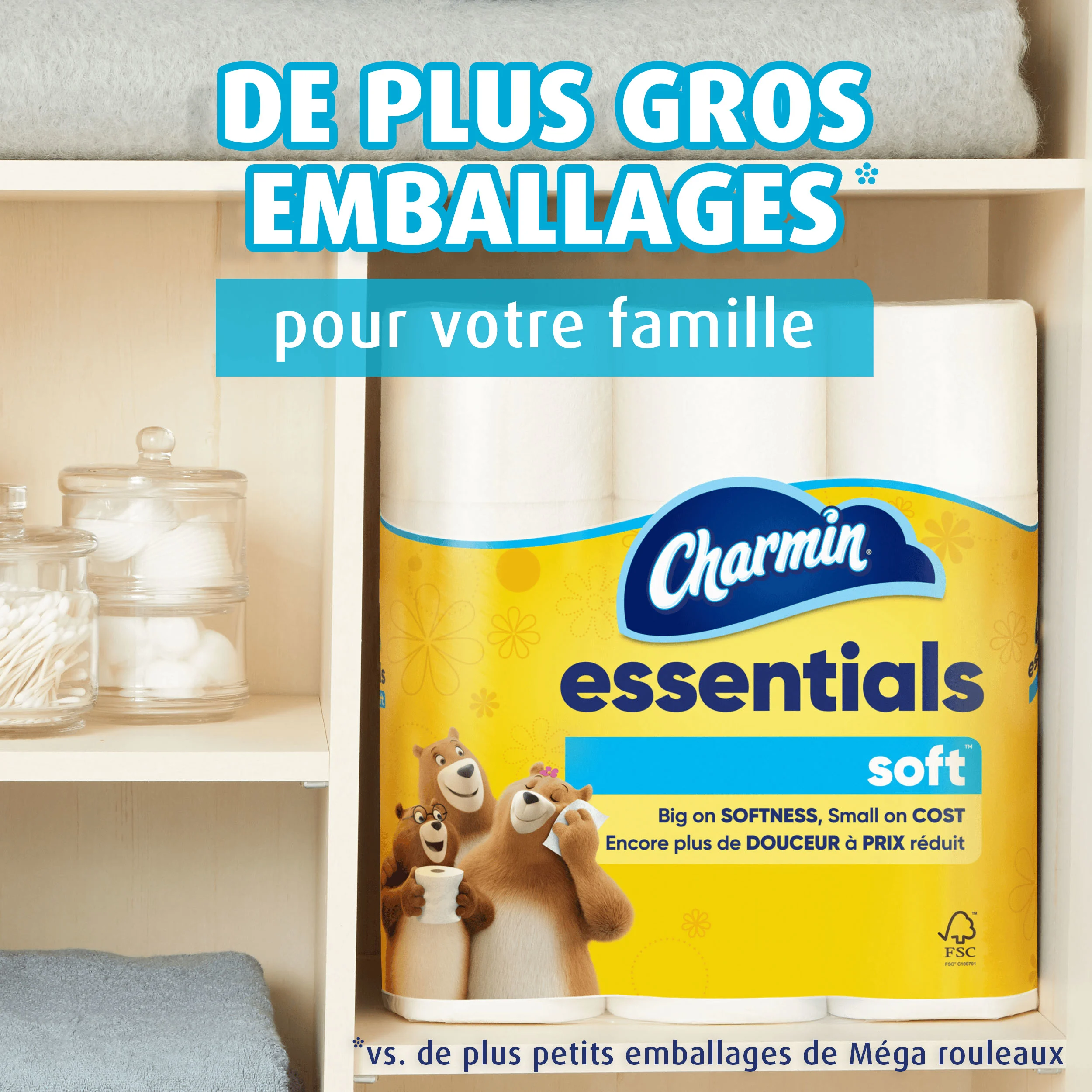 Emballage Essentials Soft dans une armoire de salle de bain.