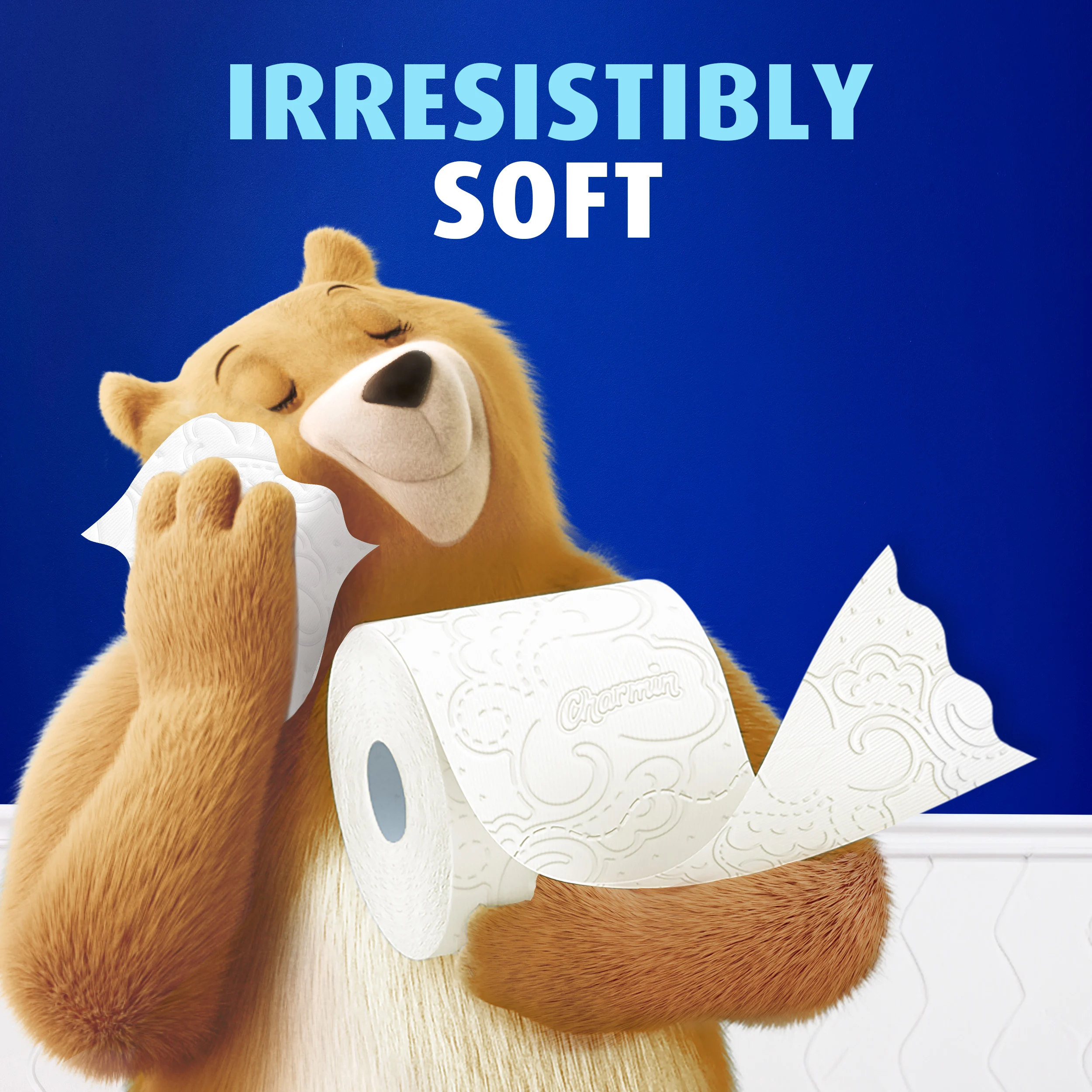 Molly bear stroking face with Ultra Soft toilet paper
