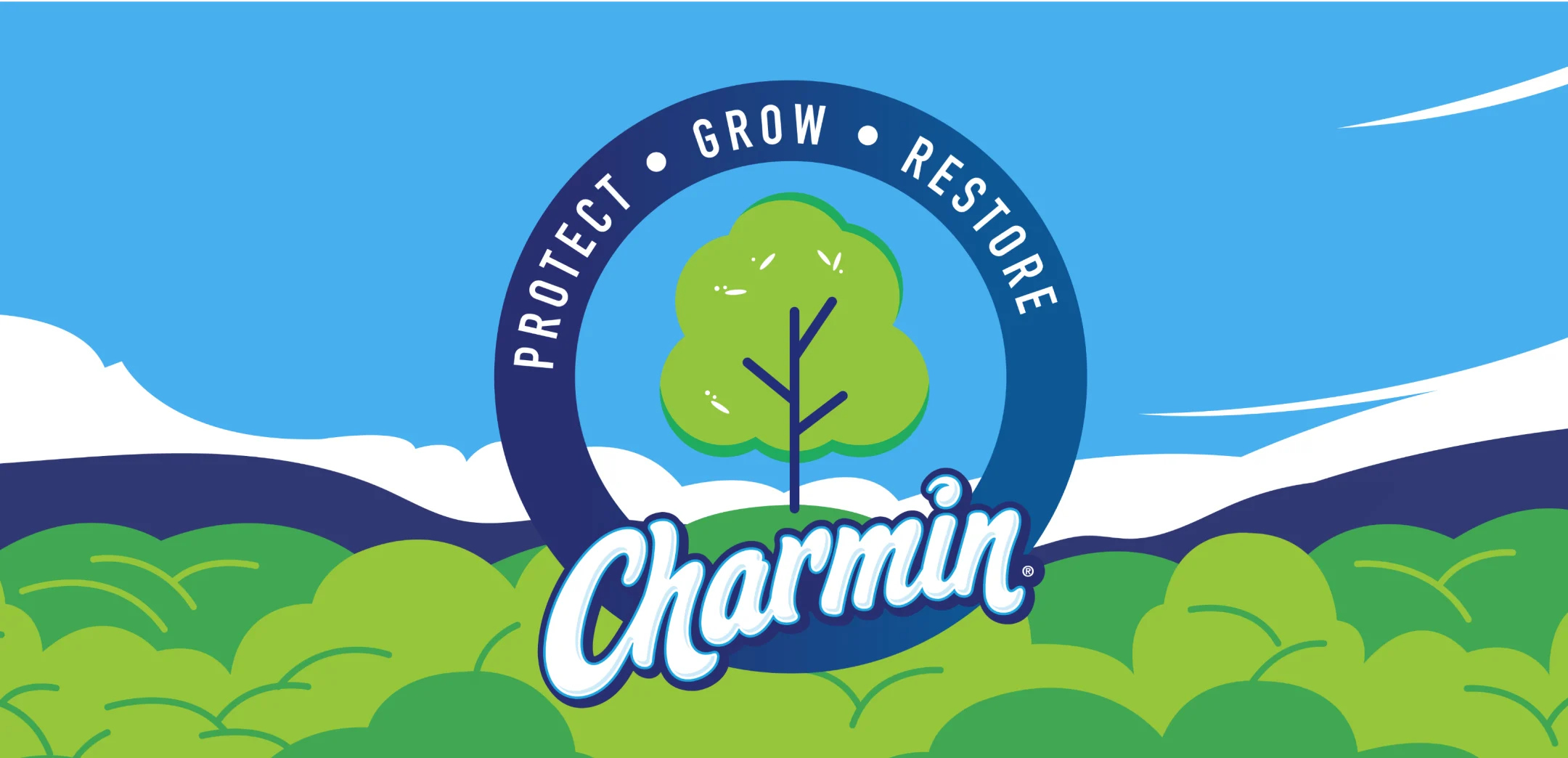 Au sommet d'une illustration d'une forêt, on voit le logo Charmin qui dit Protection, Croissance, Reboisement