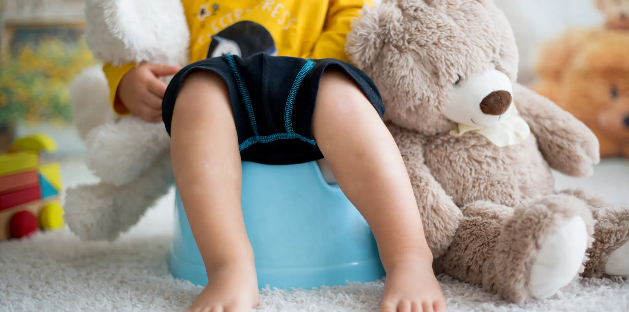Un petit garçon est assis sur son petit pot d'apprentissage de la propreté.