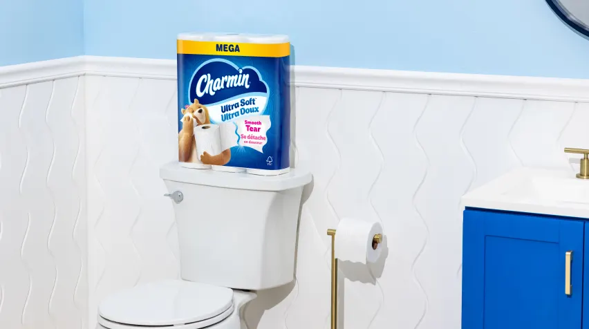 A pack of Charmin Ultra Soft on top of a toilet in a bathroom