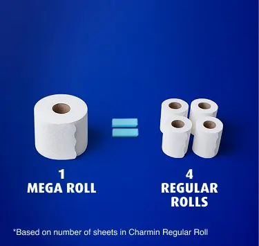 Comparison of 1 Mega Roll to 4 regular rolls. Change your roll less often. One Mega Roll equals 4 regular rolls. Comparison of 1 Mega Roll to 4 regular rolls. Change your roll less often. One Mega Roll equals 4 regular rolls.