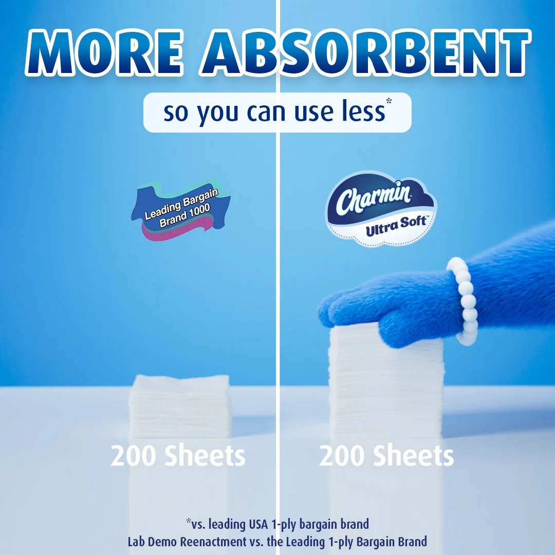 Side-by-side comparison of how Charmin is more absorbent than the leading bargain brand