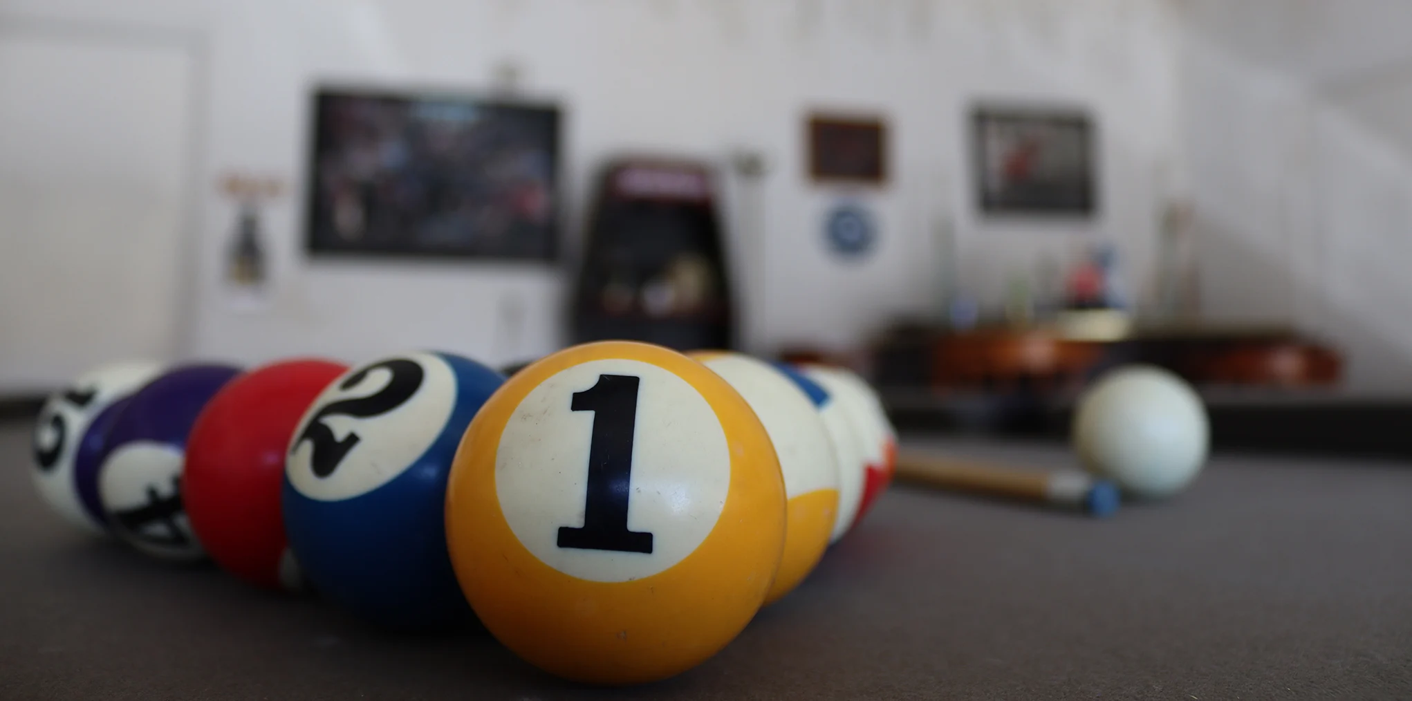 Close-up of billiard balls on pool table