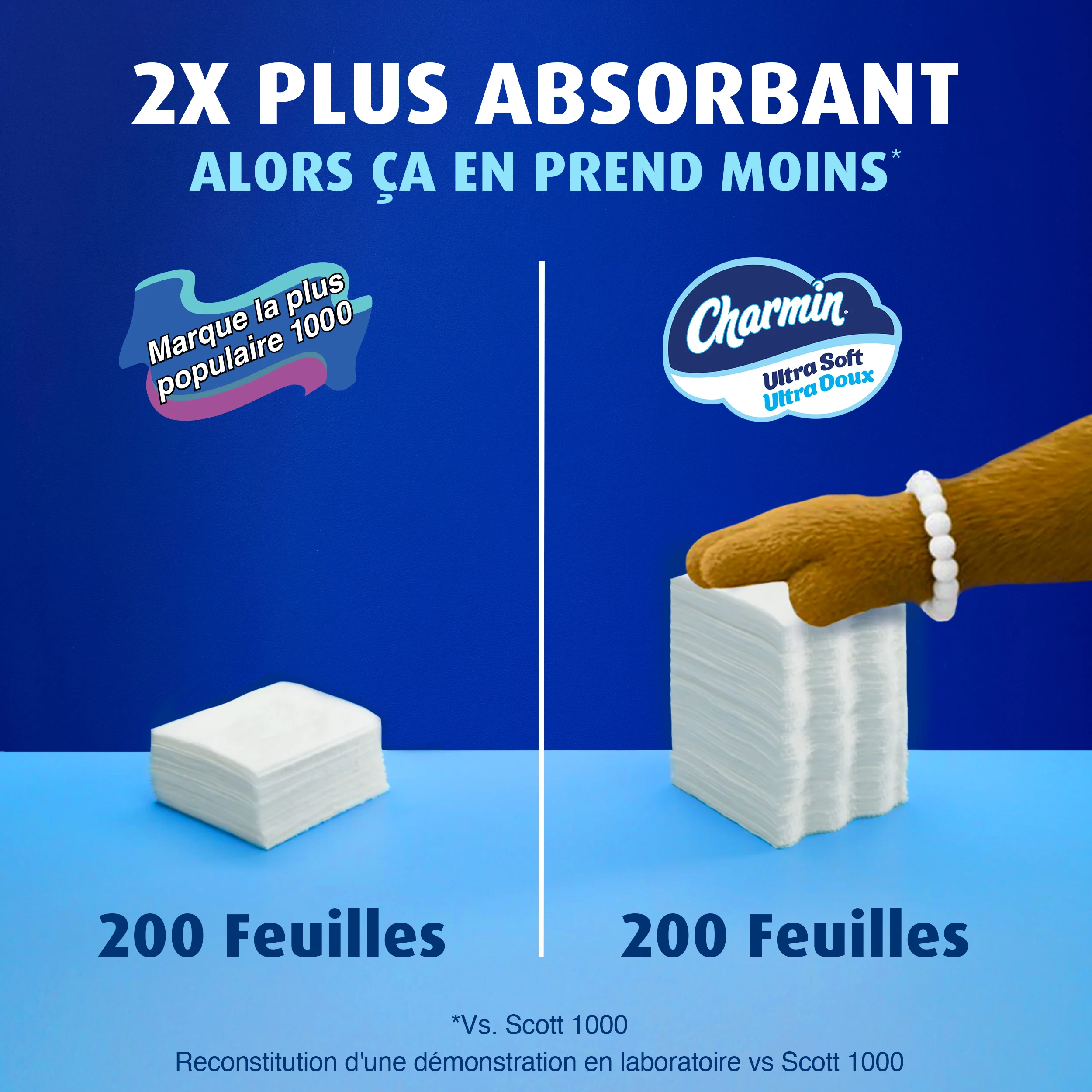 Démonstration de l'absorption du papier Ultra Soft comparativement au papier concurrent
