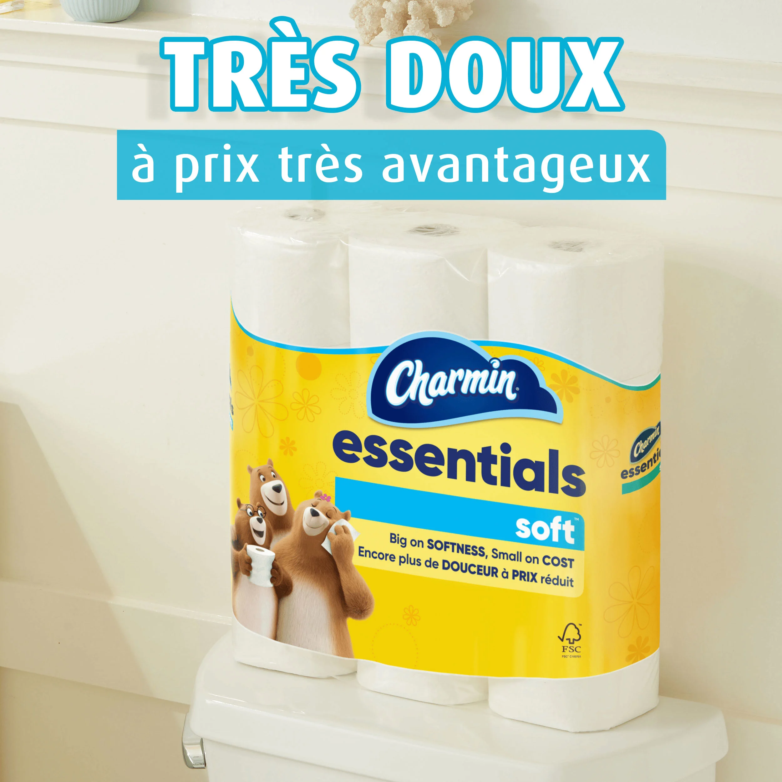 Emballage Essentials Soft dans la salle de bain.