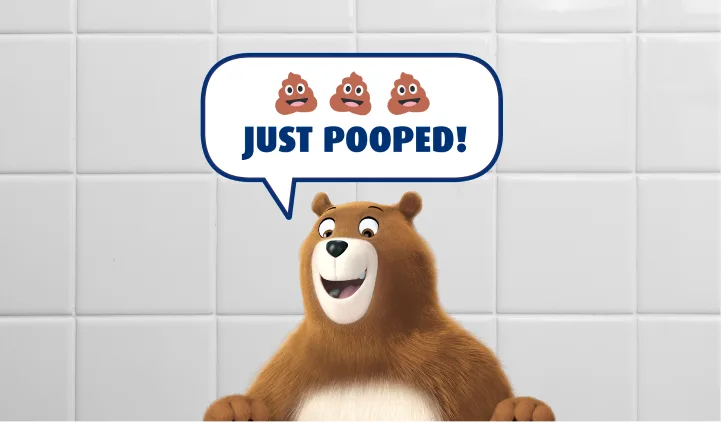 Excited Bill bear with poop emojis and words "Just pooped!" in speech bubble above his head