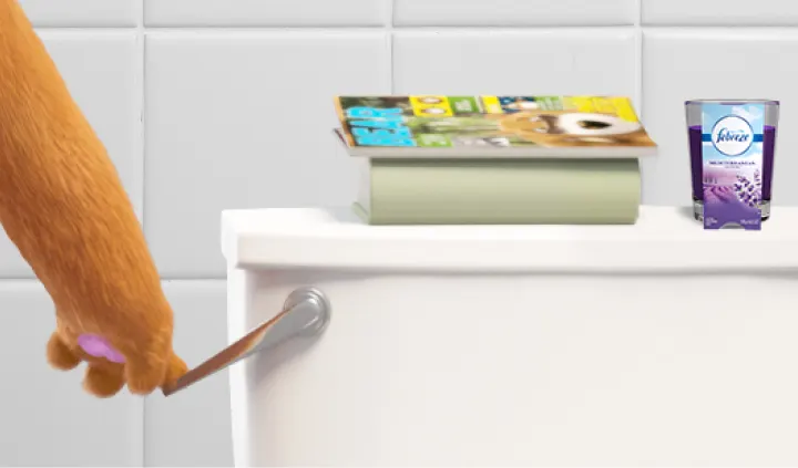 Bear hand holding down toilet handle to flush toilet