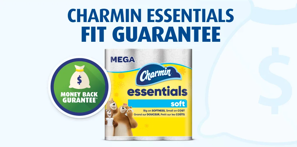 Money Back Guarantee icon next to Charmin Essentials  Strong packs