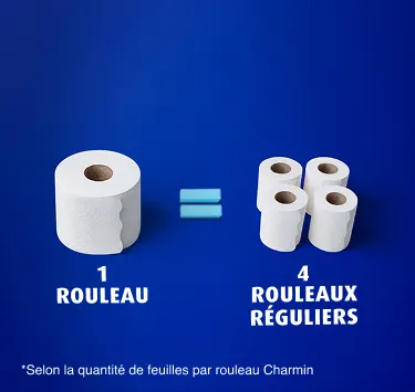 Un rouleau Méga = 4 rouleaux réguliers. Changez de rouleau moins souvent. Un rouleau Méga = 4 rouleaux réguliers. Changez de rouleau moins souvent.