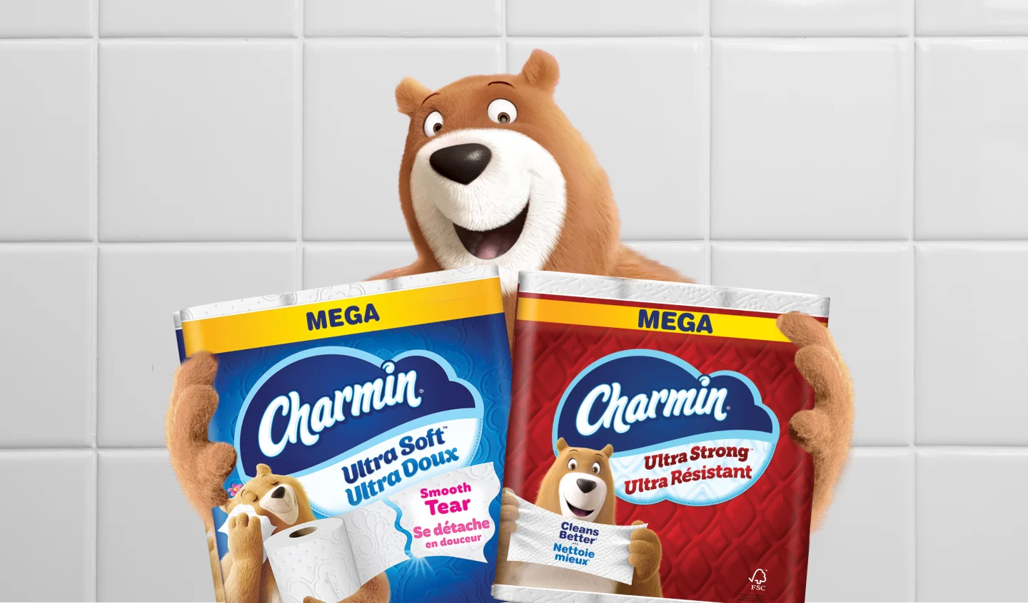 Leonard bear holding up Mega Ultra Strong and Ultra Soft packs