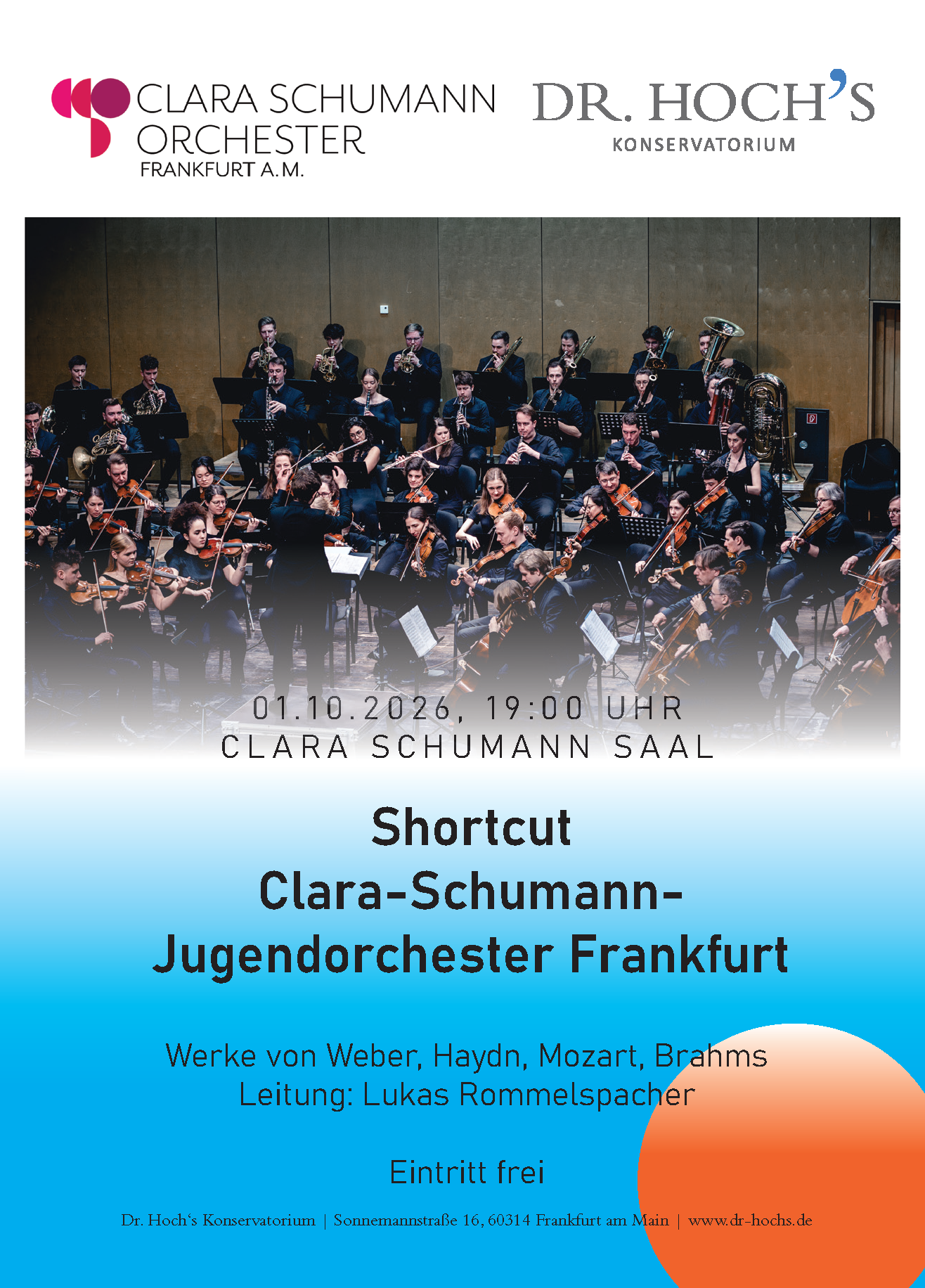 Plakat des ersten "Shortcut"-Konzerts des Clara-Schumann-Jugendorchesters am 1. Oktober 2026.