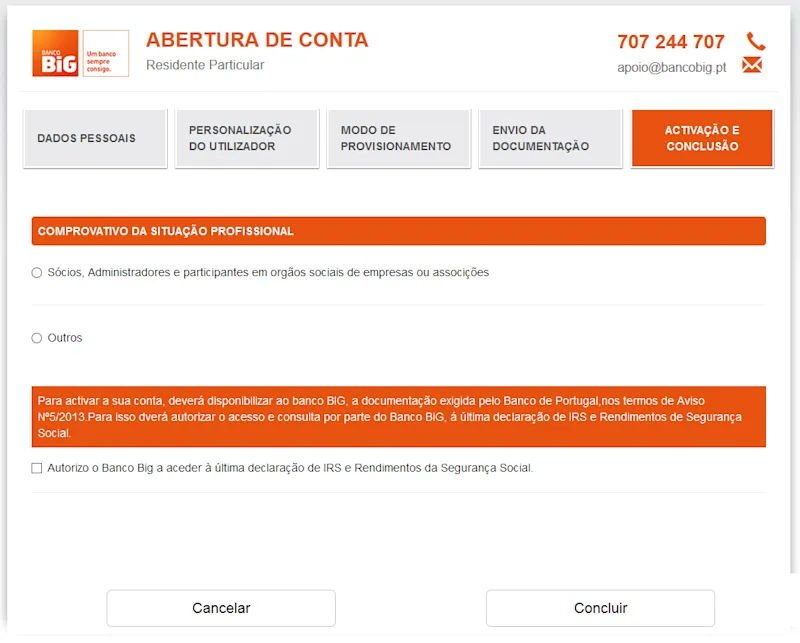 Banco BIG onboarding wizard screen