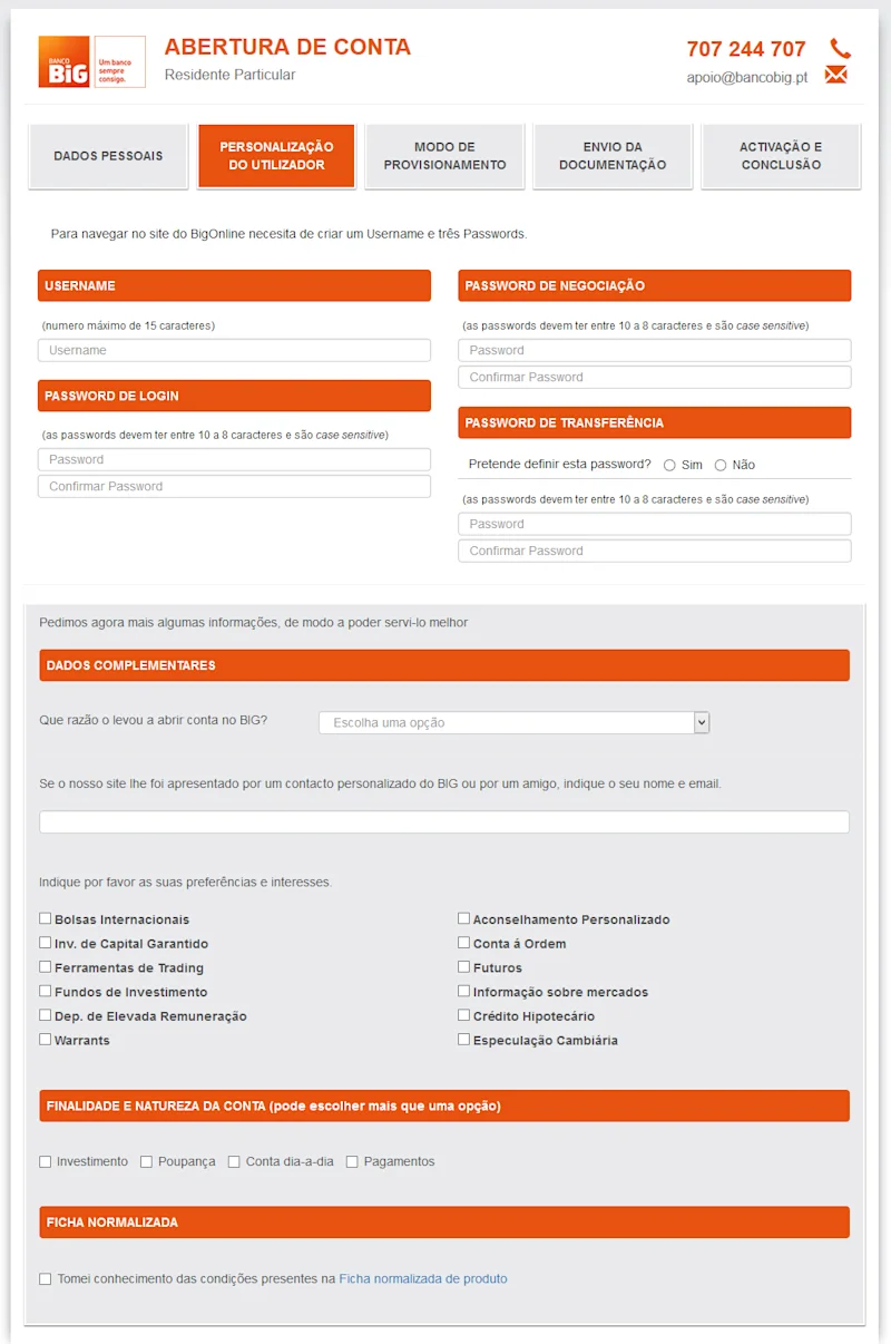Banco BIG onboarding wizard screen