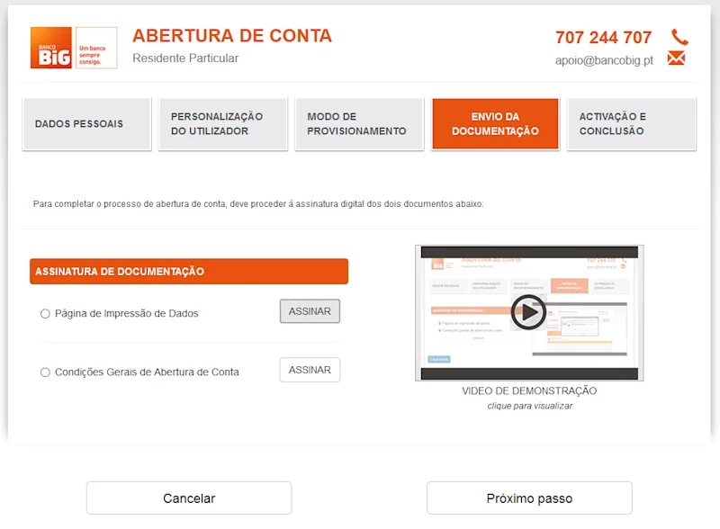 Banco BIG onboarding wizard screen