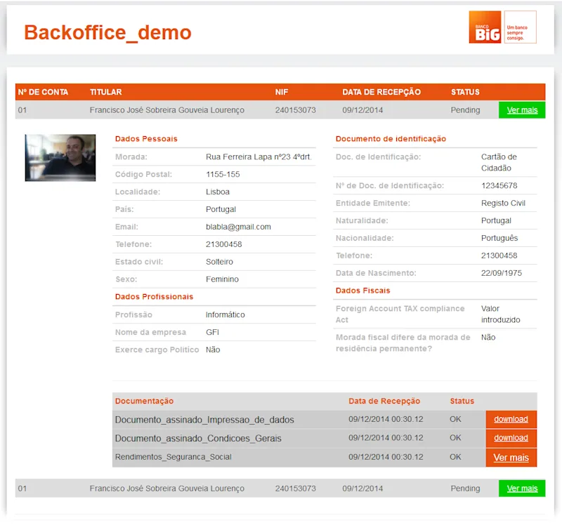 Banco BIG back-office registration open screen