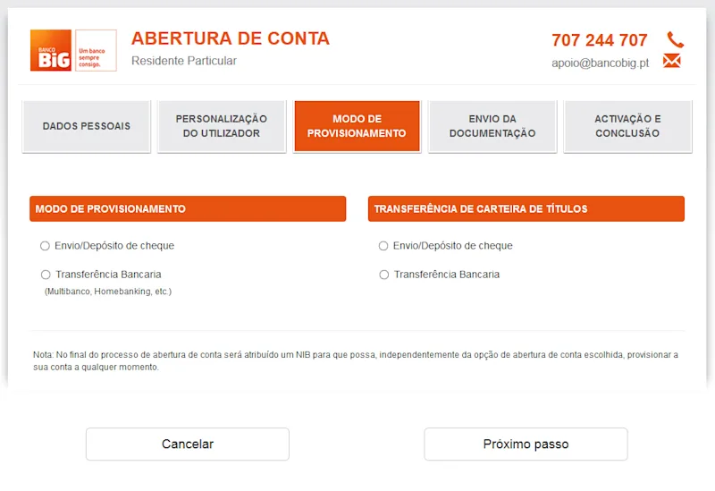 Banco BIG onboarding wizard screen