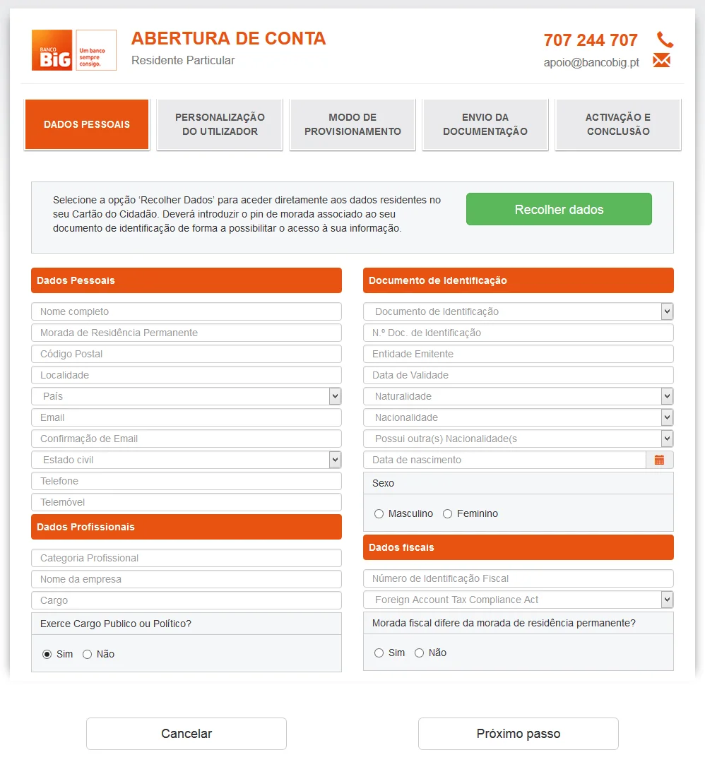 Banco BIG onboarding wizard screen