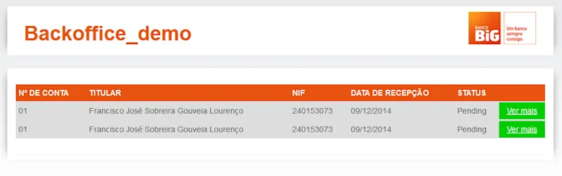 Banco BIG back-office registration screen