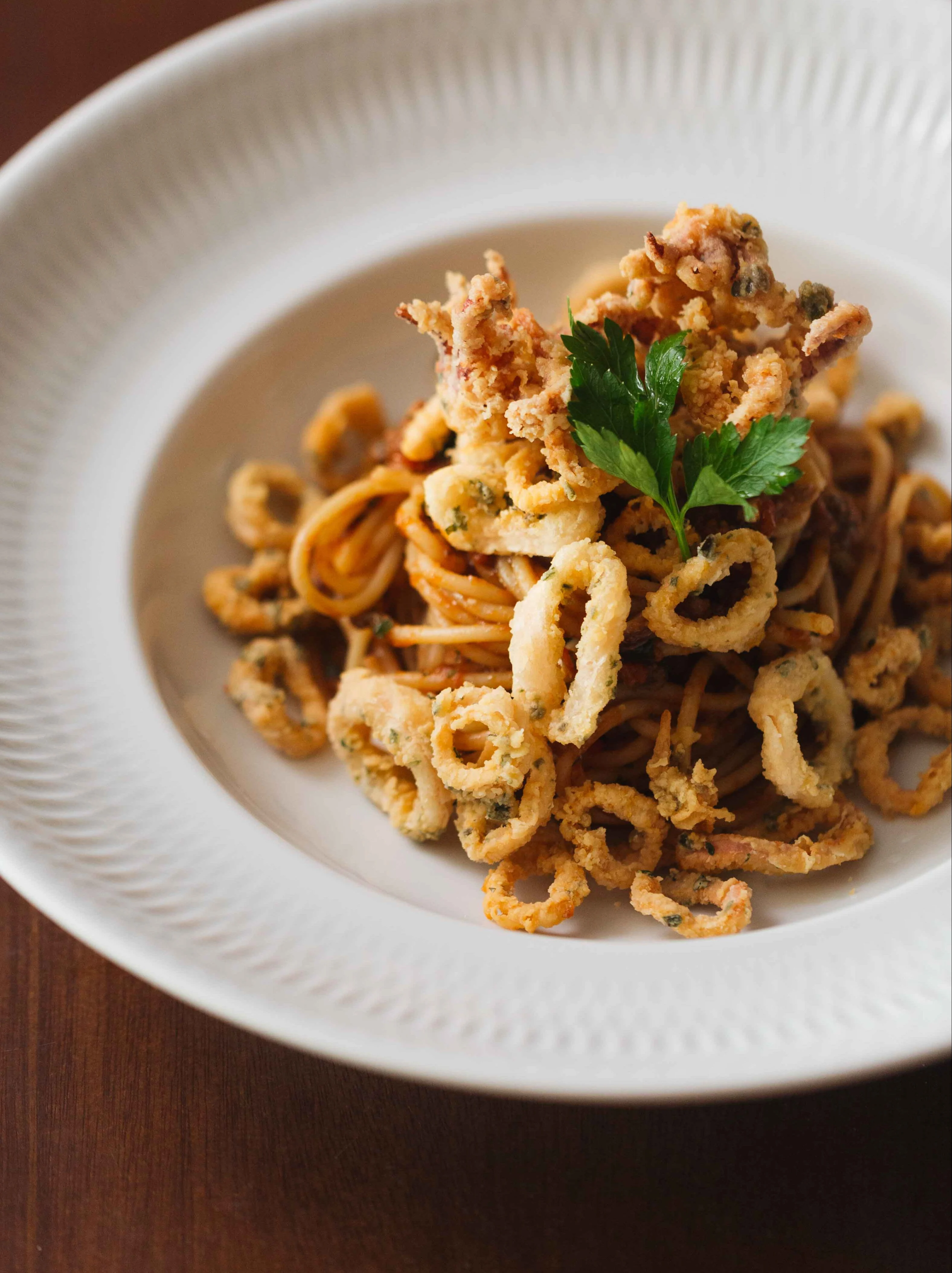 Spaghetti alla Puttanesca with Fried Calamari
