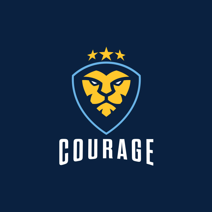 CouRage golden Lion Logo vertical lockup over blue background