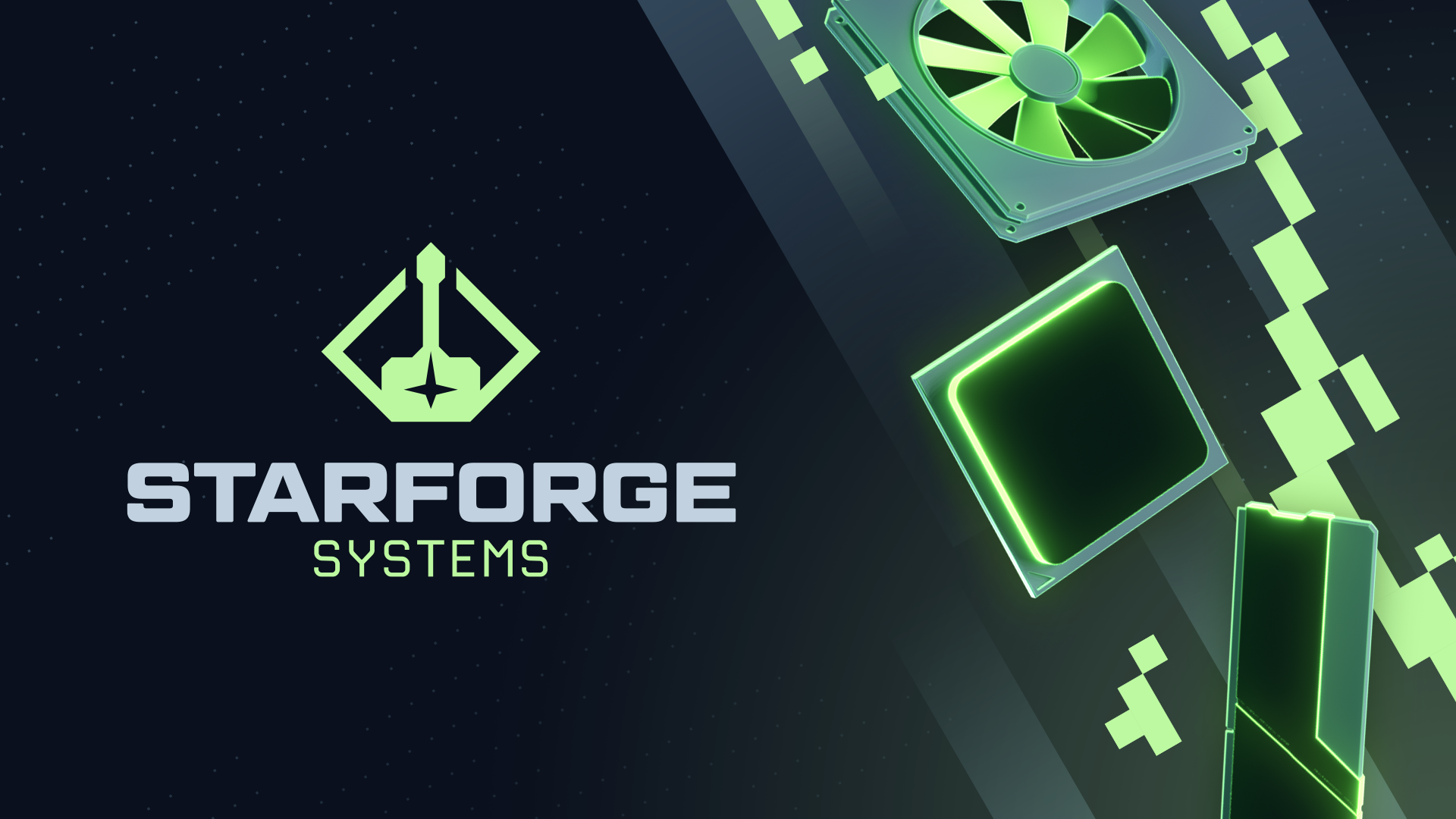 Starforge systems logo floating next to computer parts