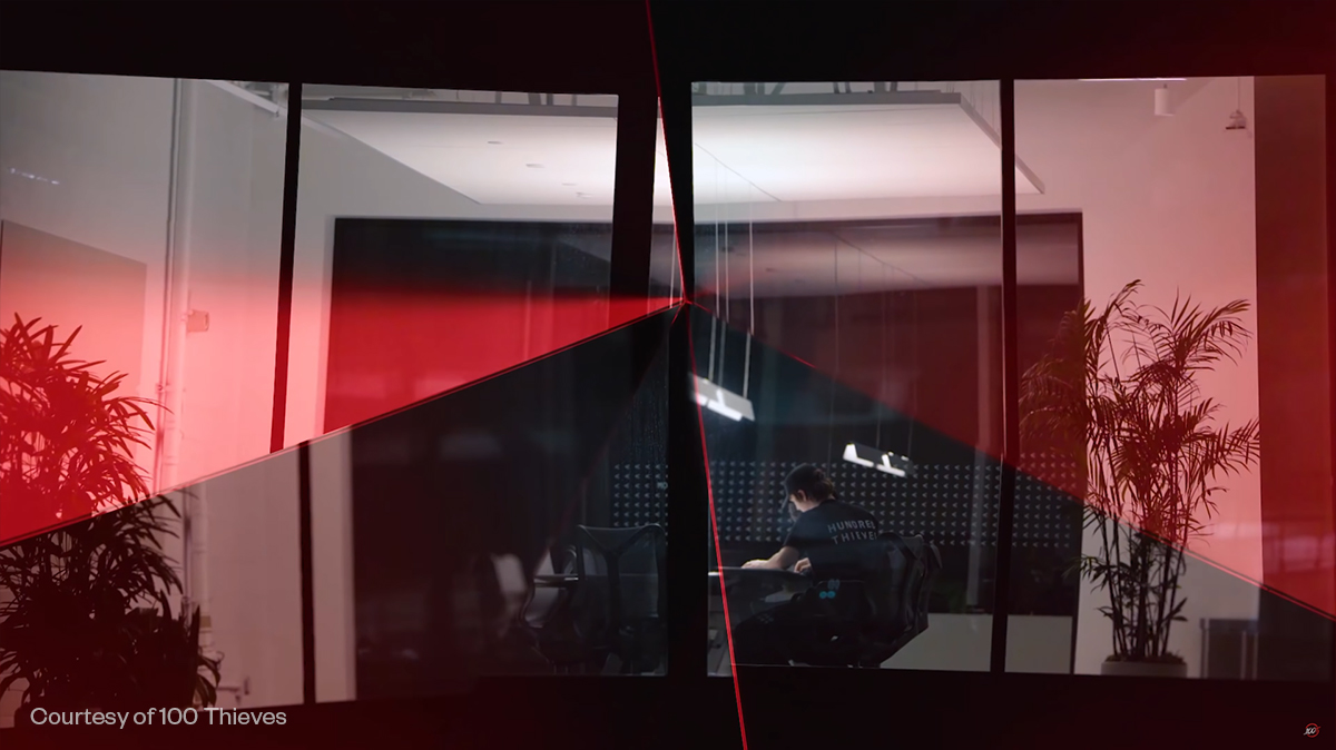 Red refracting light in 100 Thieves office