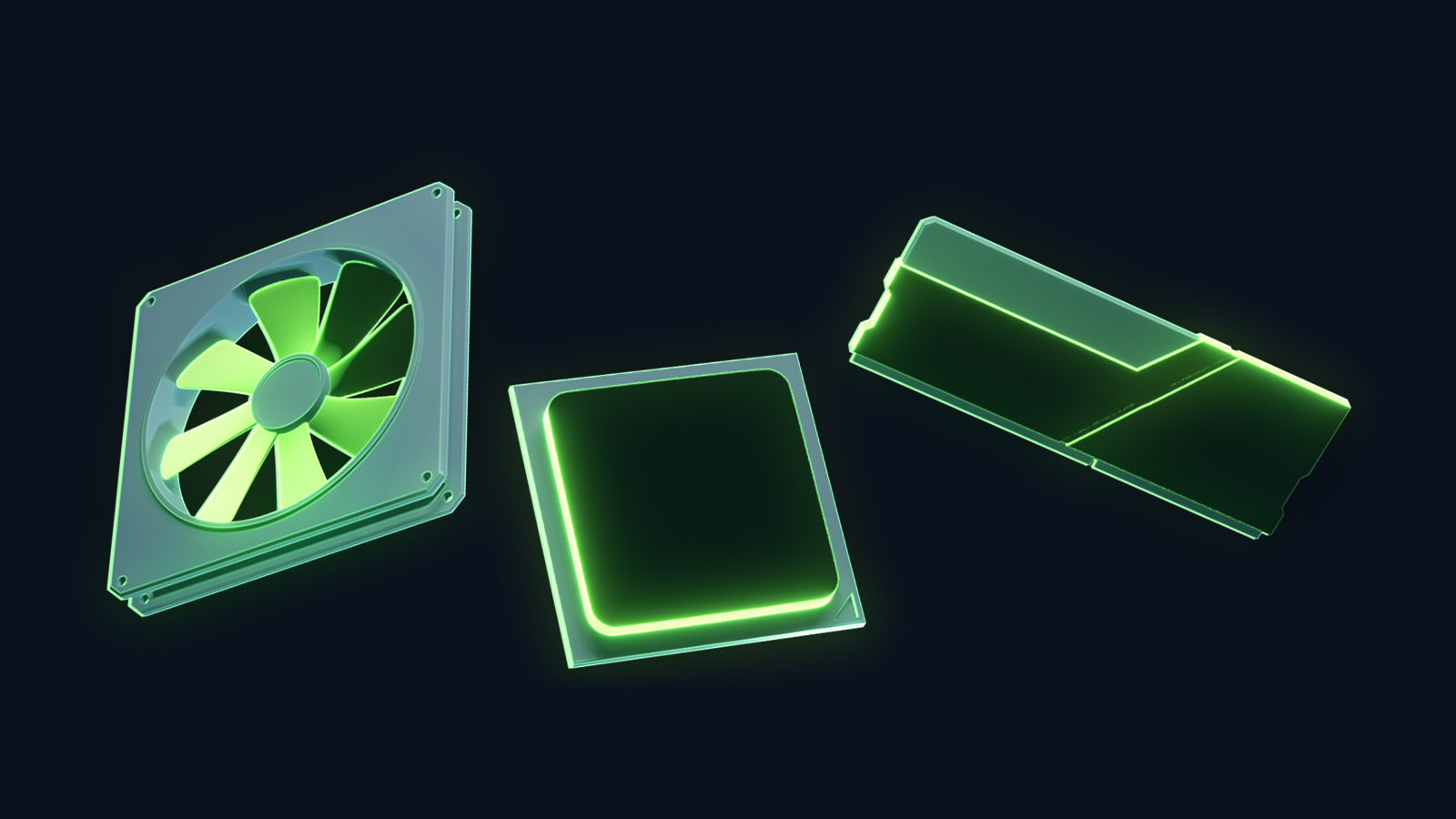 floating green pc parts