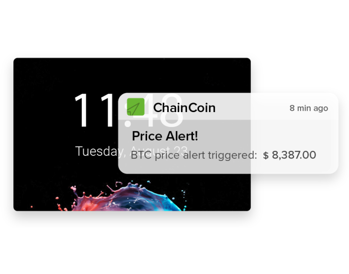 Smartphone screen with a cryptocurrency price alert notification for ChainCoin with a colorful abstract background.