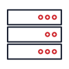Server rack with glowing red status lights indicating potential issues or activity.