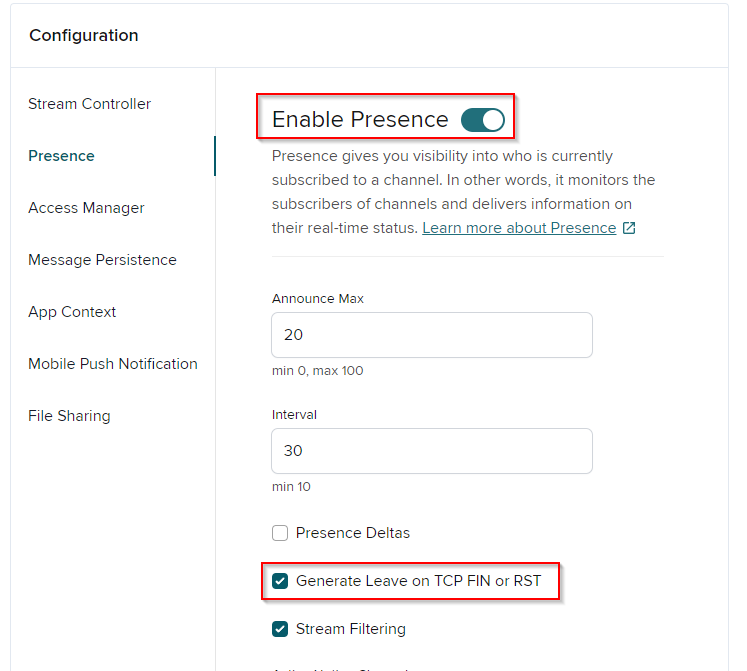 PubNub Admin Portal Enable Presence