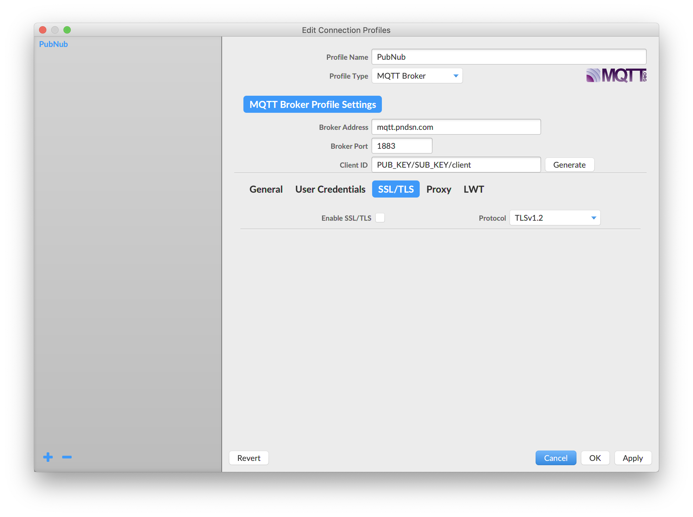 Screenshot of MQTT.fx settings