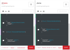 Two debug consoles showing received messages with reactions