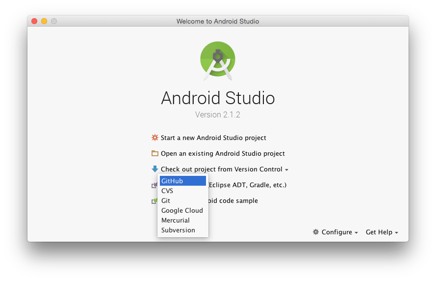 screenshot of github checkout from Android Studio