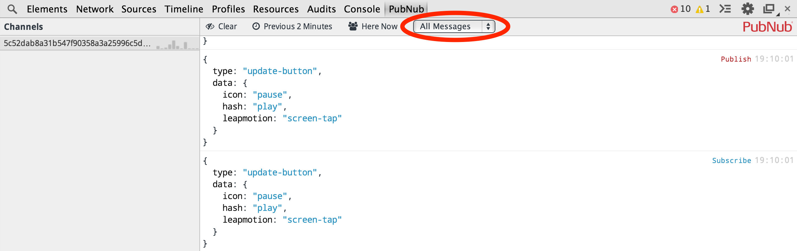 PubNub console includes capability to filter the type of message