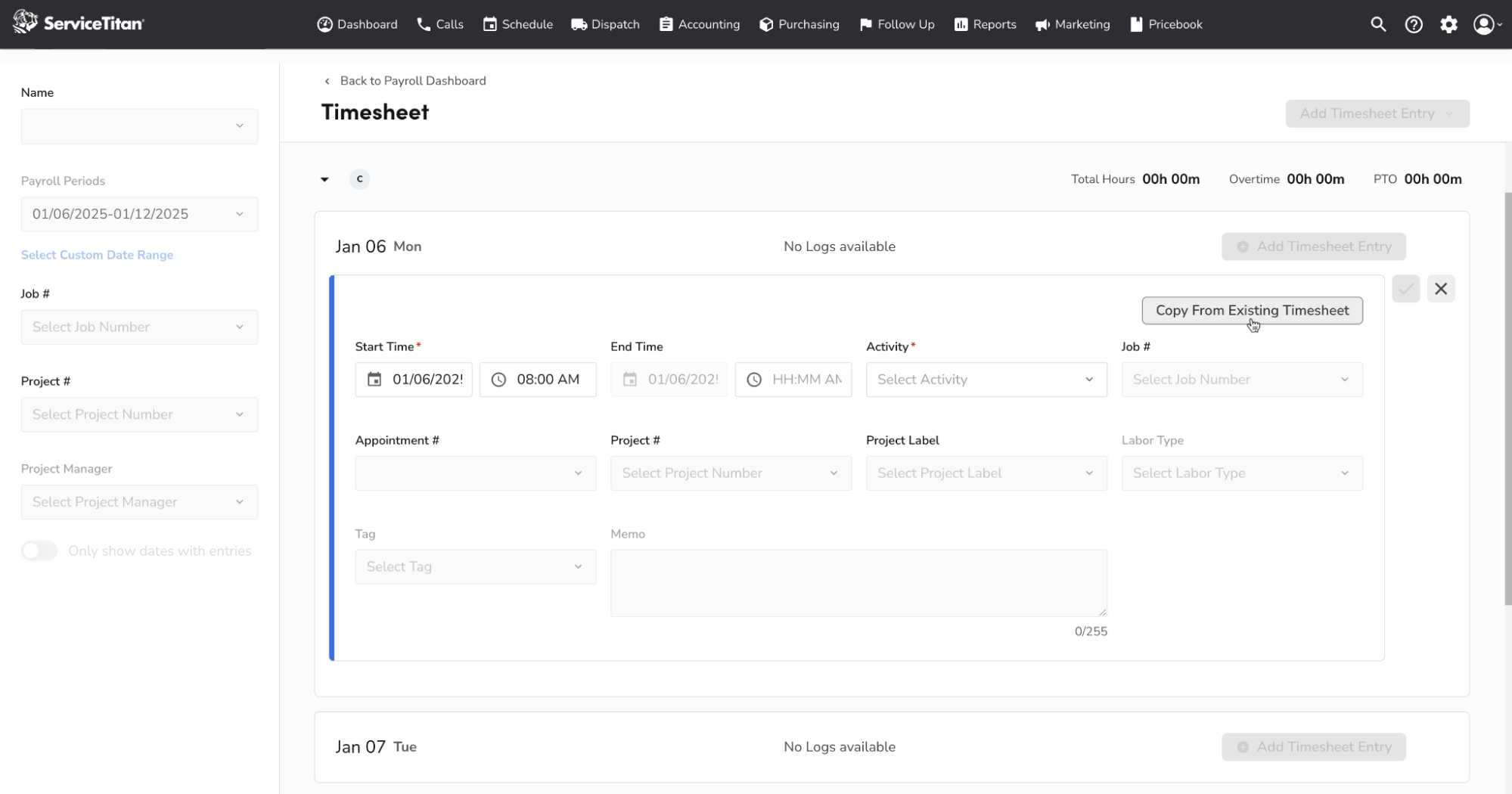 Timesheet information: Copy from existing timesheet