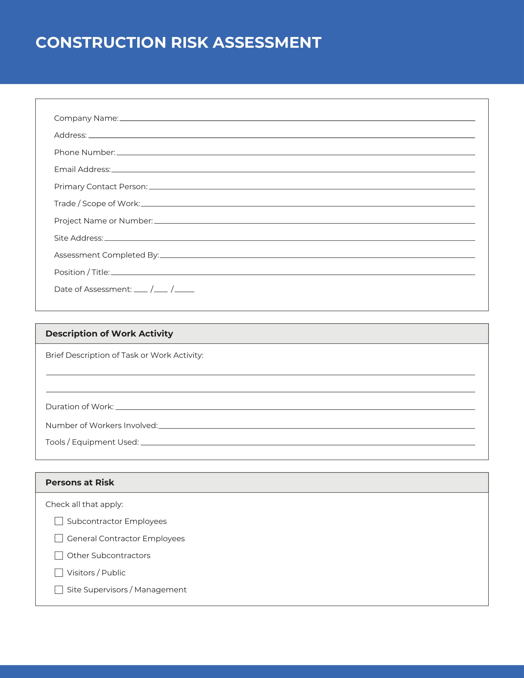 Construction Risk Assessment Template: Page 1 of 3