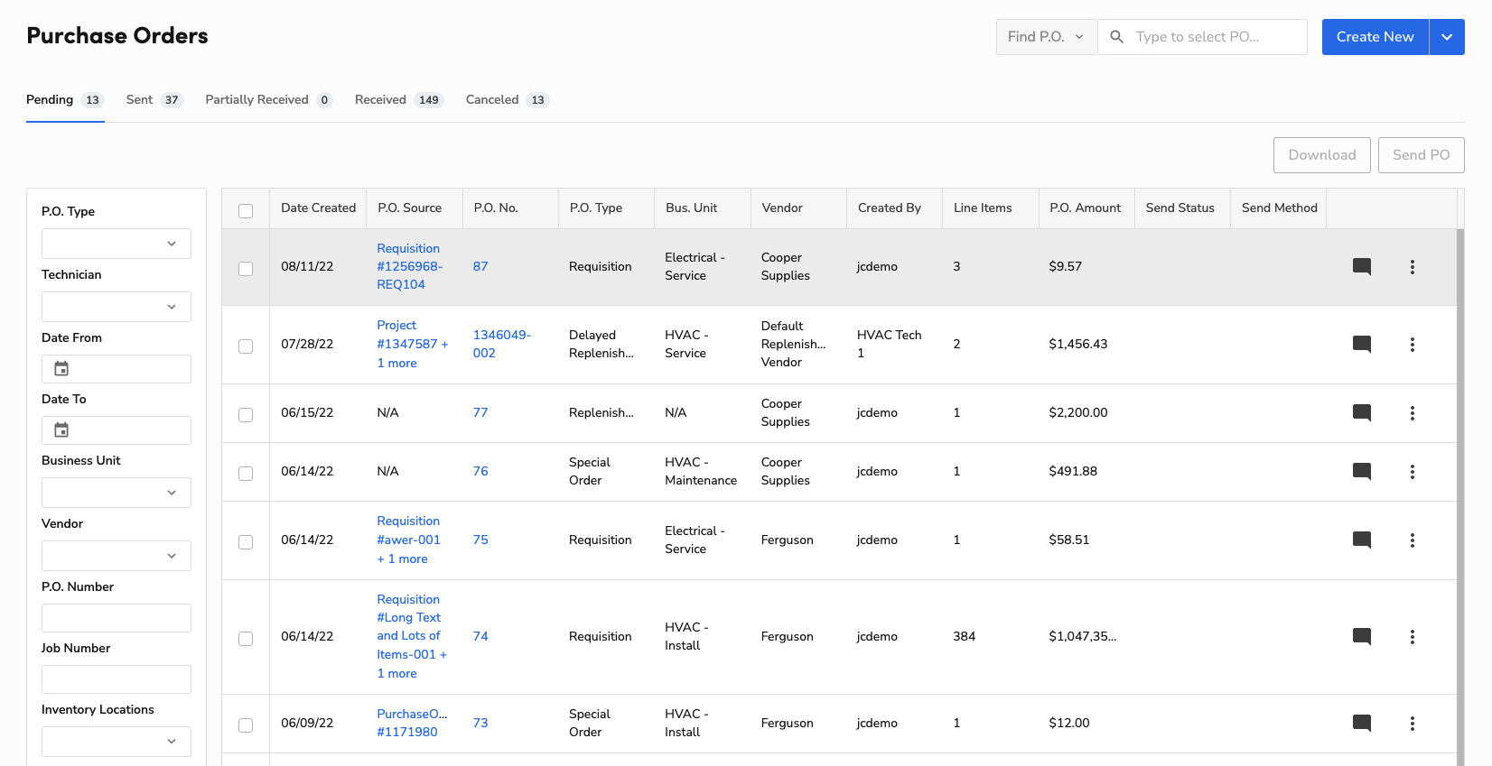 Purchase Orders and Information: Pending, Sent, Partially Received, etc.