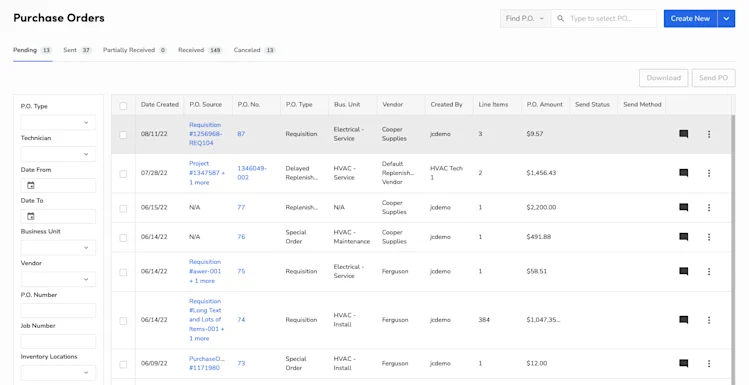 Purchase Orders and Information: Pending, Sent, Partially Received, etc.