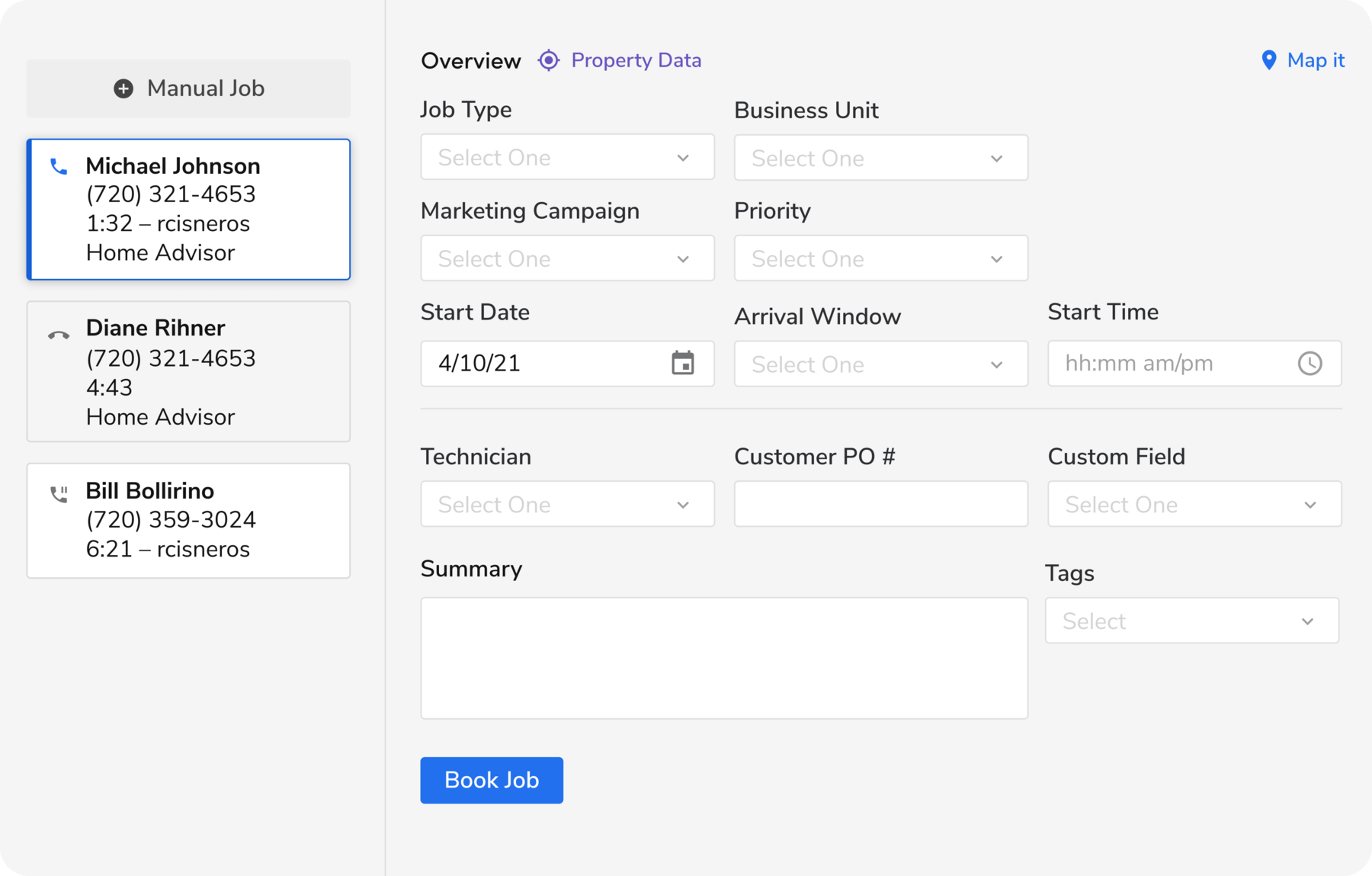 Manual Job Overview and Property Data: Michael Johnson
