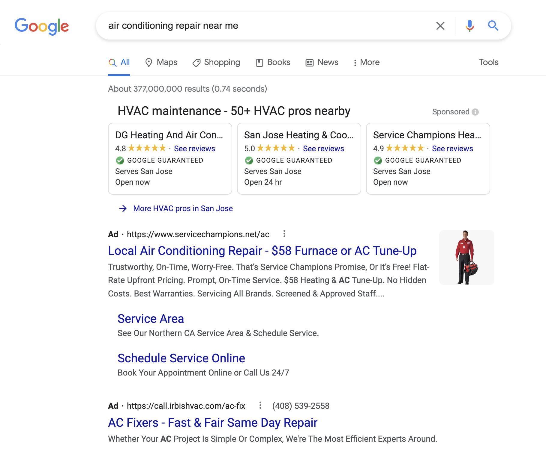 Google search results for "air conditioning repair near me"