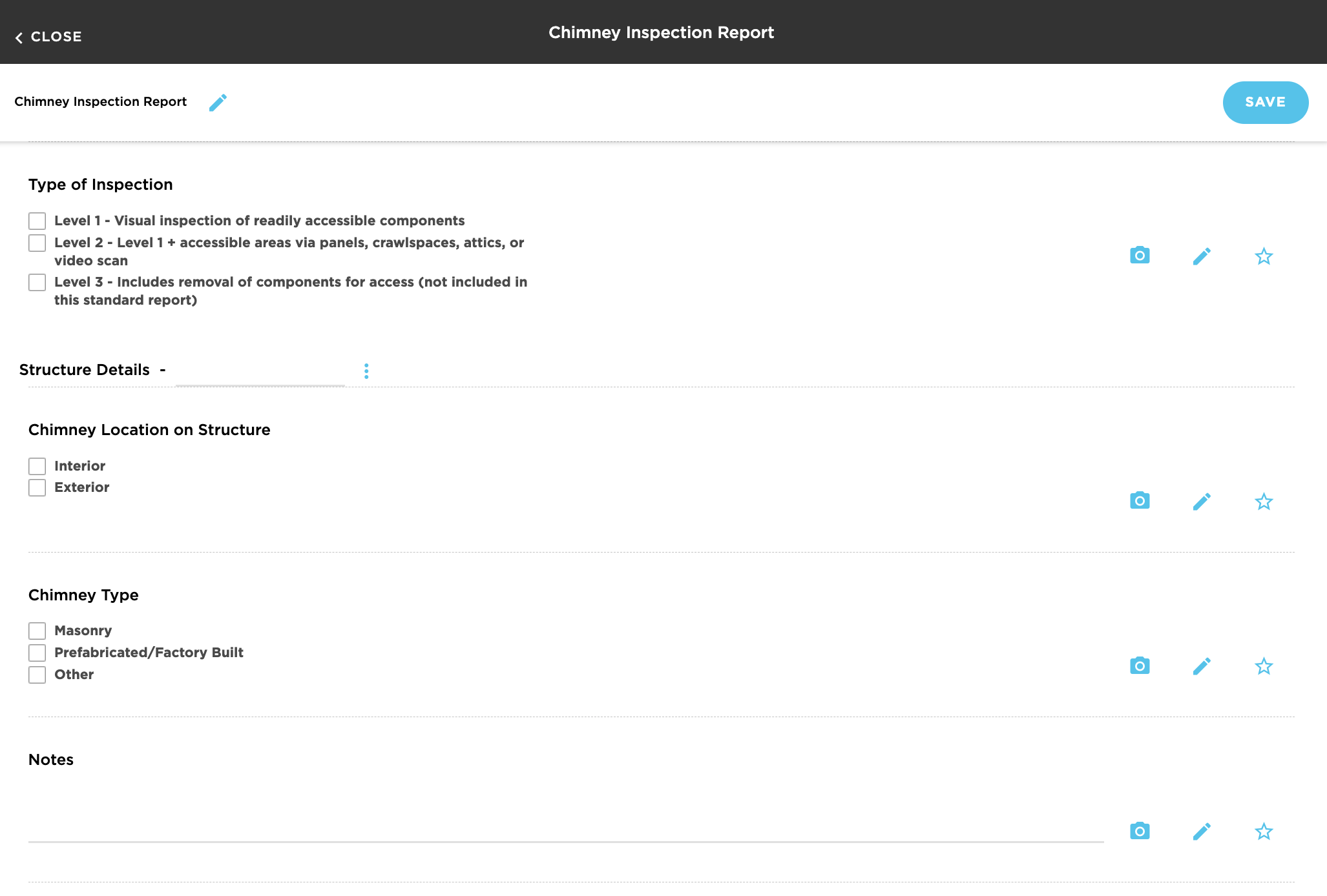 Chimney Inspection Report Form: Type of Inspection, Structure Details, Chimney Type