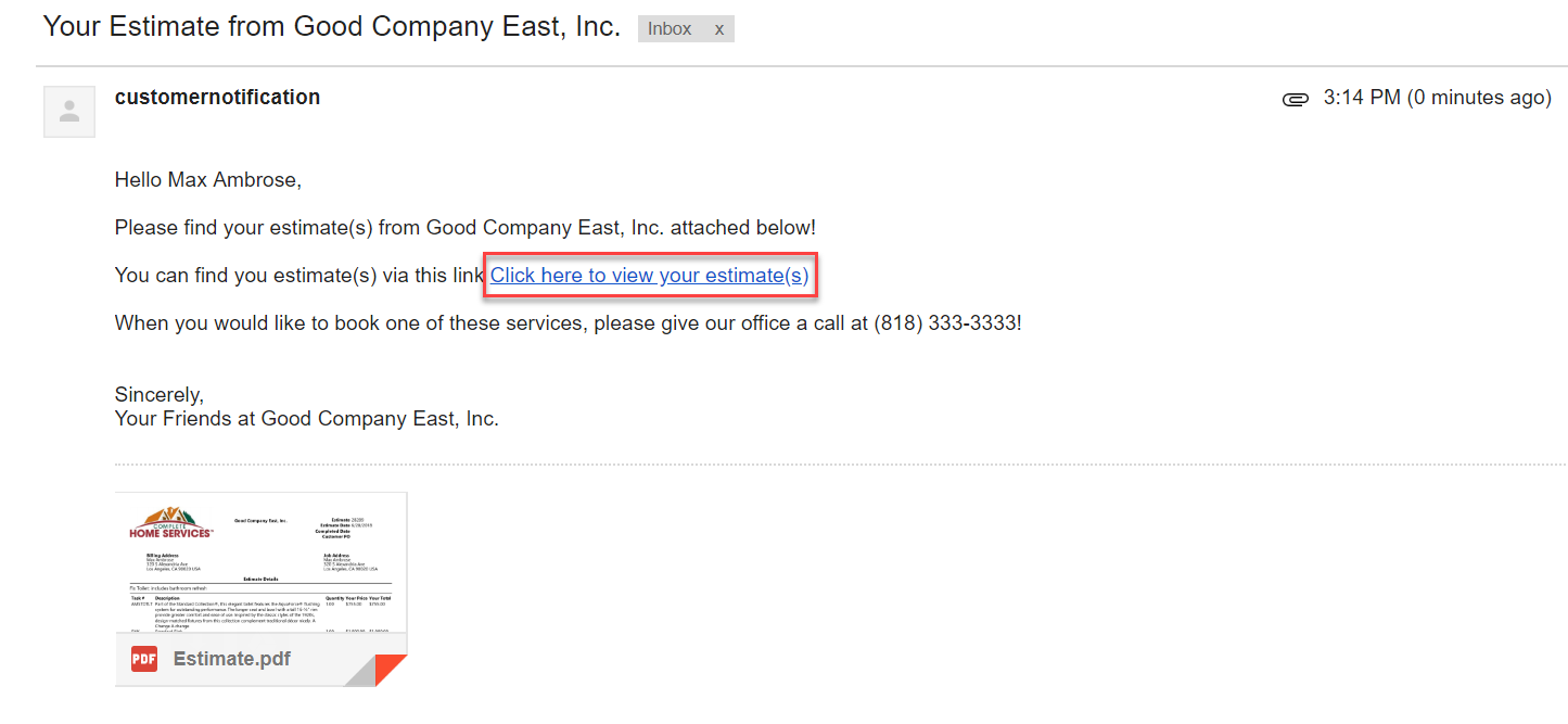 An example of an email sent with estimates for new garage door