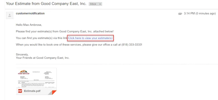 An example of an email sent with estimates for new garage door
