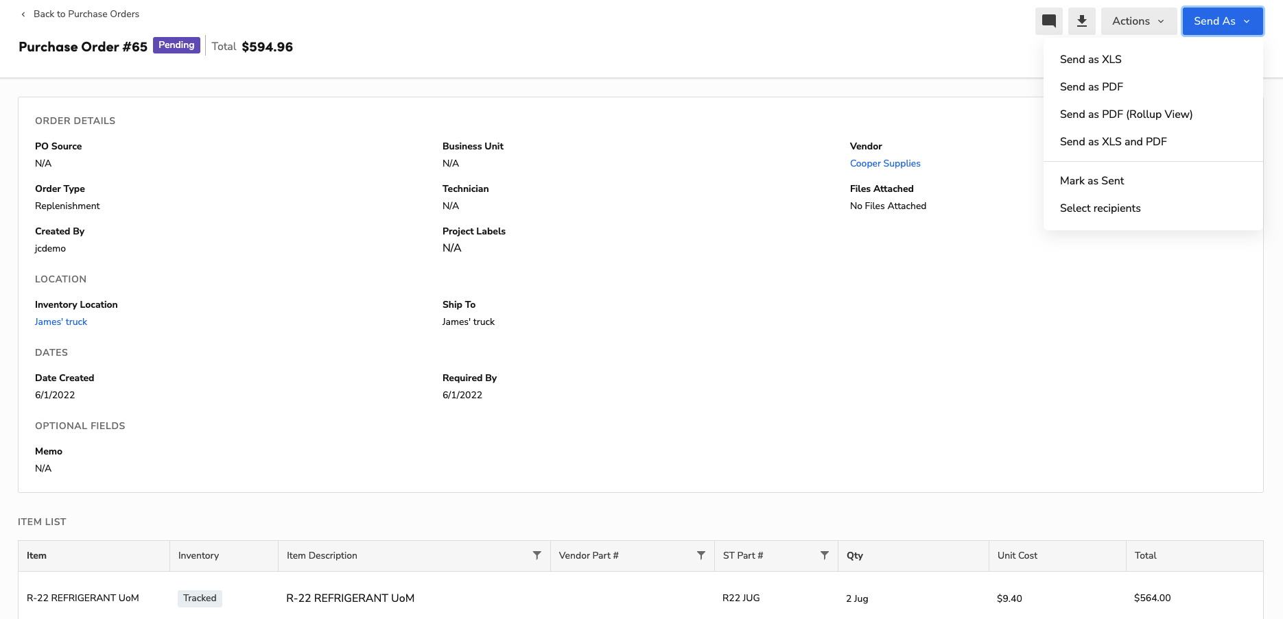 Purchase Order: Order Details, Location, Dates, Item List