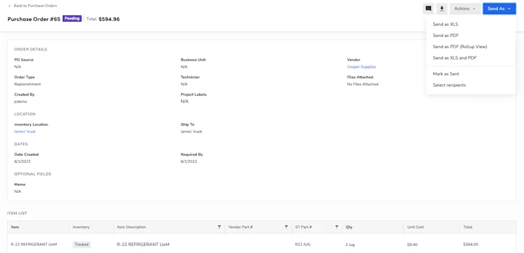 Purchase Order: Order Details, Location, Dates, Item List